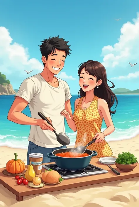 Create an image of happy parents cooking on the beach portrait comic manhwa style