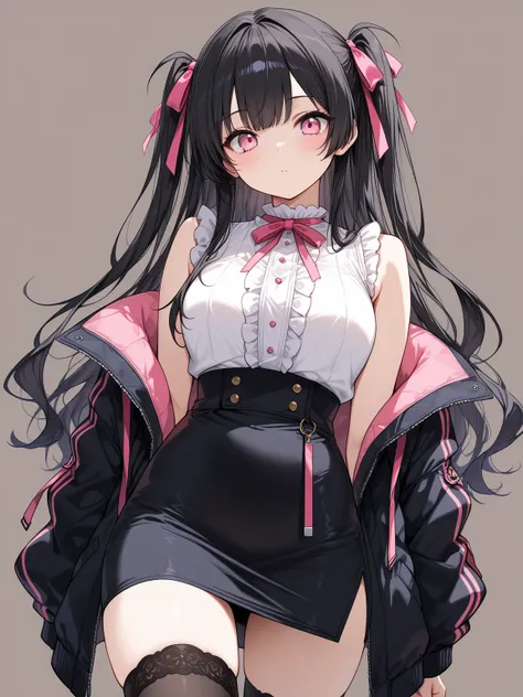 ((masterpiece, best quality, extremely detailed)), 1girl, black hair, long hair, two side up, pink eyes, white shirt, sleeveless, high-waist skirt, pencil skirt, off shoulder, jacket, frills, black thighhighs, hair ribbon, looking at viewer, cowboy shot, n...