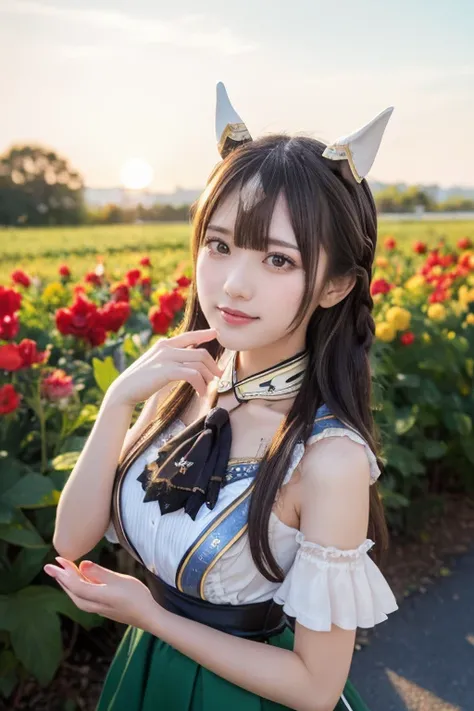  Japanese woman who looks like an idol , long hair , straight hair , Round face , bust up , ,中くらいのchest,masterpiece,  best quality,  high resolution, Asasato ,  long hair,  half up,  braided ,   hair standing on glass between eyes,   animal ears,  earrings...