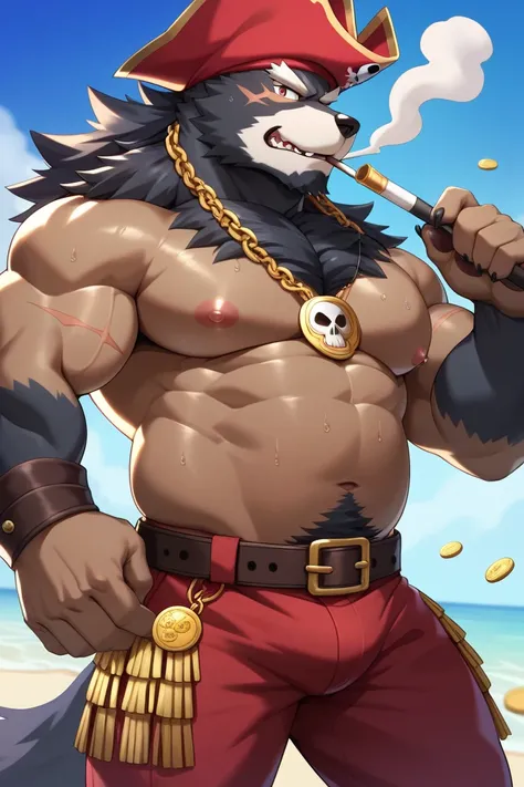 Mature male, anthro, bara, musclegut:0.2, tall, (small waist), (biceps, thic arms), (thick jaw), (broad chin), (kemono), (black wolf), wet, sweat, killer in gang, pirate costume, weapons on belt, smoking, skull medal, scars,coins, bad boy, pose 