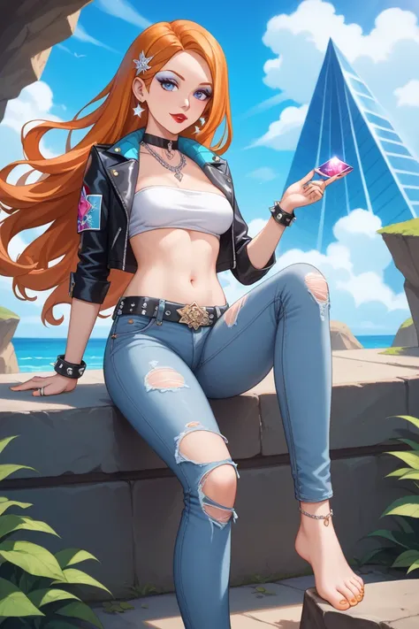 For the **Rock Star** theme, keeping the rule of showing Orihime's navel and toes:  

**Top:** Orihime sports a cropped leather jacket adorned with silver studs and spikes on the shoulders. Beneath it, she wears a black, glittery bandeau that leaves her na...