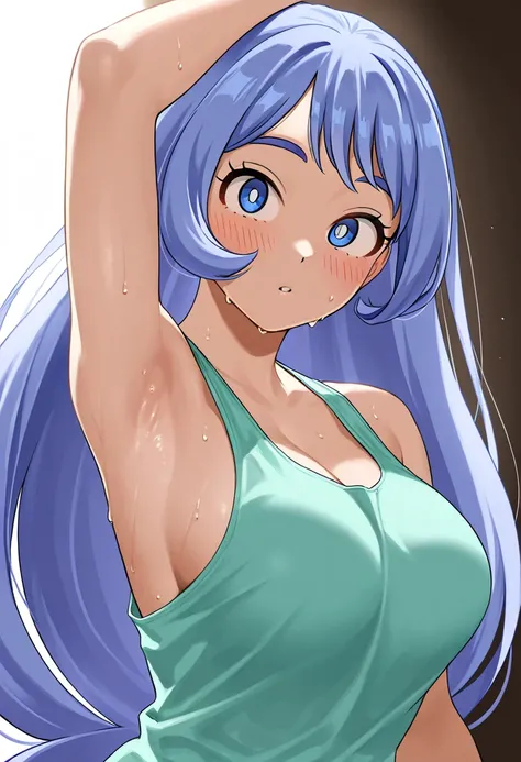 nejire hadou,  blue eyes, blue hair, long hair、masterpiece、 high quality、 high definition、On the beach、 tank top in a dark room、Arm up、Armpit、sweat、show off armpit、blush