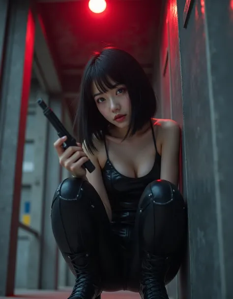 looking away, anime,  female 1 person、 Asian Beauty , Perfect Style, perfect body, realistic skin, anatomically correct, sweat, scratch、She is wearing a shiny black rider suit, She's crouching with her back against a wall and holding a handgun 、機械的な壁の建物の中、...