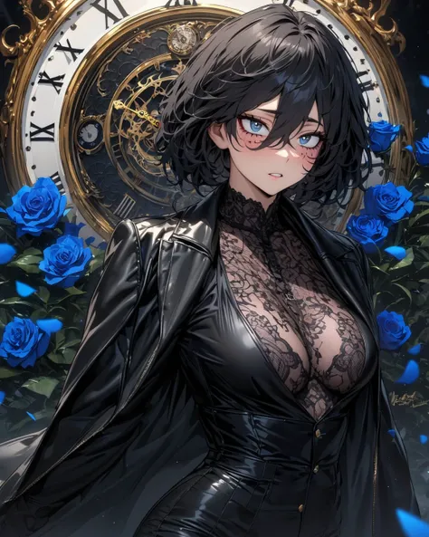 absurdities, highres,  ultra Detailed , HDR-10,  masterpiece,  extremely detailed face and eyes ,  perfect face, Dhabi , Pointy black hair around her head,  hair between the eyes ,  expressive blue eyes ,  Boku no hero Academia, Alone , sexy man, elegant, ...