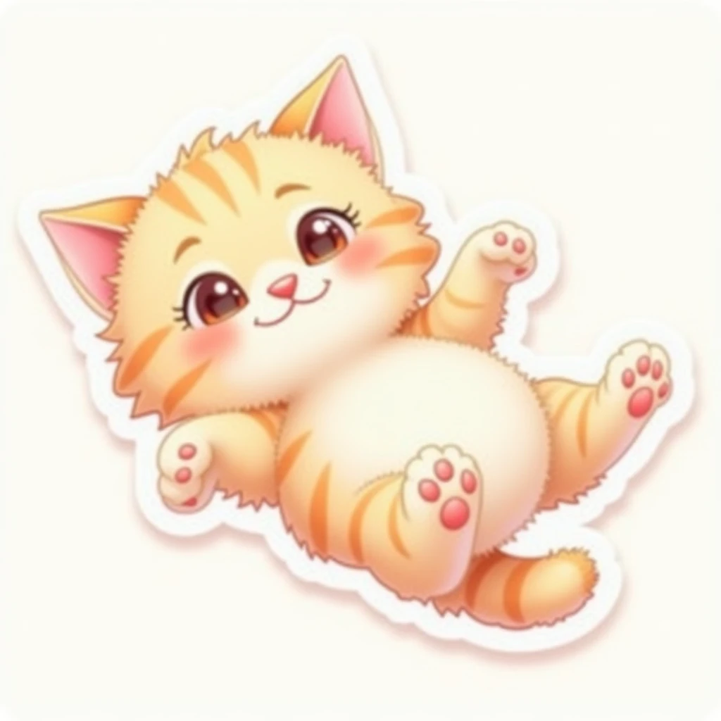 A cute cartoon cat lying on its back, playful expression, pastel colors, clean vector-style lines, sticker style, no background, highly detailed --v 5 --ar 1:1 --seed 12345