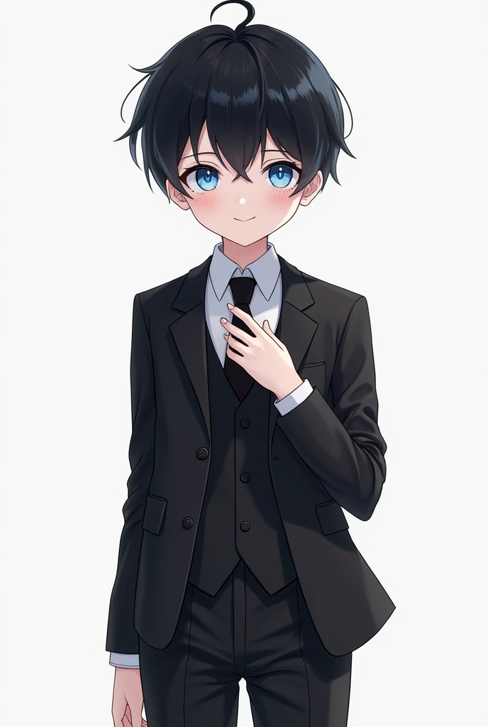 a boy, in anime form, blue eyes, black hair, light skin, black and white suit, in 3d
