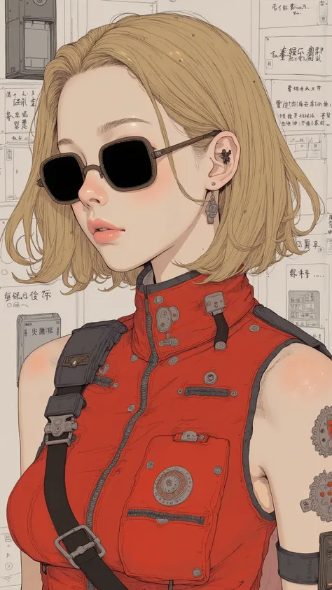    super real、    photorealistic、    of a beautiful Japanese woman 、 Clear white skin 、 blonde、 short hair、Forehead、integrated sunglasses 、 sleeveless red military uniform、 Front Shot、 upper body、 Information taken with a  、    