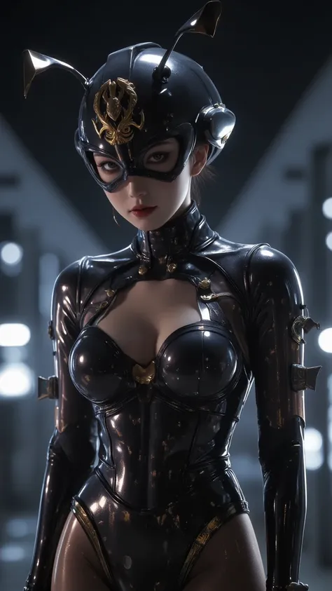 A cinematic portrait of a Japanese actress as a biomechanical queen ant-roach hybrid tokusatsu villain. Sleek black exoskeleton bodysuit with dark brown metallic undertones, featuring segmented armor plates that emphasize feminine silhouette. A helmet with...