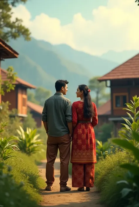 The couple standing together in a green Nepali village, looking at the horizon with smiles, symbolizing their bright future.