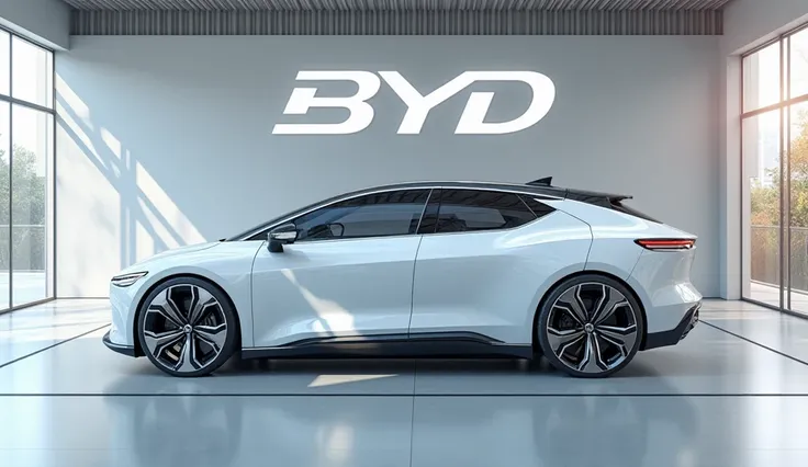 Generate a Realistic image of    2025 BYD Atto white  colour  with silver rim top View with car showroom background  with big wall logo of BYD