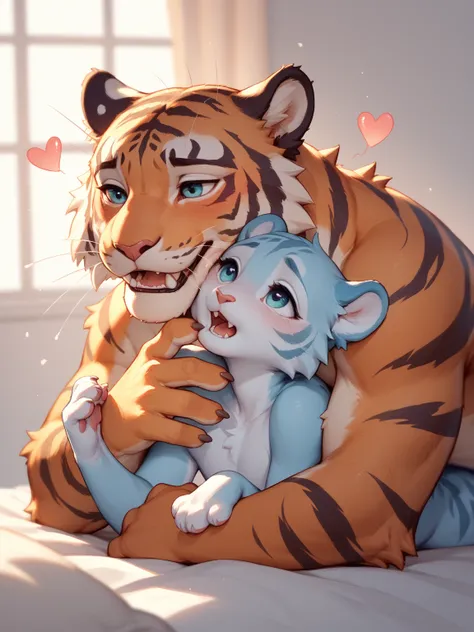 furry petit tiger couple , sweetie , First Love , open mouth ,(Gently Bite the cheek) , euphoria , orgasm ,  heart is beating fast , soft light , Fertilization , body contact