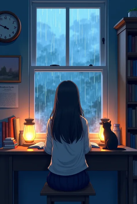 Anime of a girl reading a book on a table by the window, wear a white shirt ,  long-haired ,  there are some books and lanterns on his desk,  there is a bookcase next to the window , there is a wall clock , there was a cat sitting next to him, looks like i...