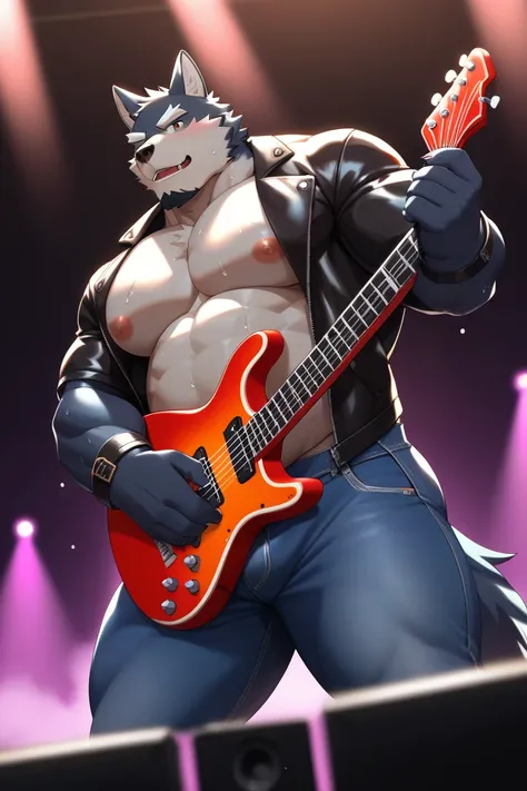 Mature male, anthro, bara, musclegut:0.2, tall, (small waist), (biceps, thic arms), (thick jaw), (broad chin), (kemono), (black wolf), black fur, black skin, wet, sweat,  leather jacket, jeans, standing, (playing electric guitar), rock concert, standing on...