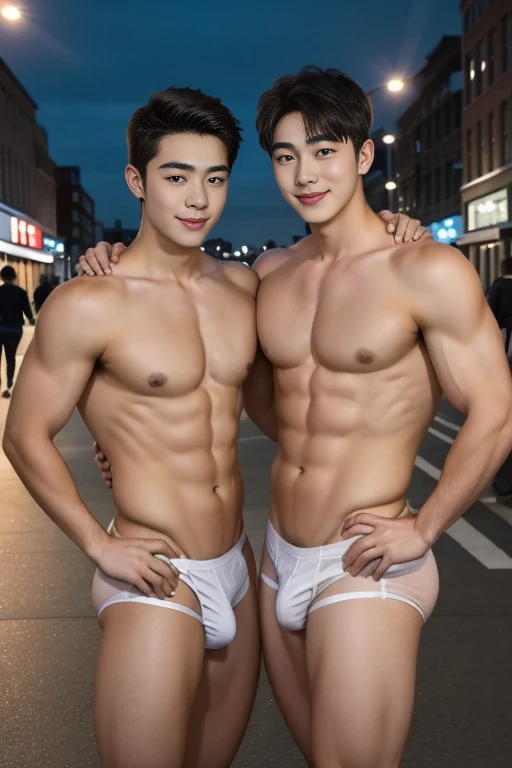   two young men are taking pictures in the city at night . Two slim  ,  beautiful men are wearing white micro underwear.