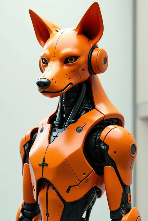 I want a high-quality image of a humanoid robot with a wolf's face in the color orange. I don't want to see evil in your countenance,  On the contrary , I wish him with an attentive face.