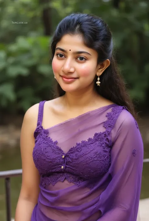 "Create an image of a woman standing outdoors in a vibrant purple saree with a patterned blouse Hot saree no bra transparent saree wet look