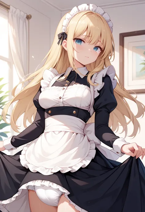  beautiful long blonde 　maid, maid apron, maid headdress, puffy sleeves　  long skirt 　 diaper　Teary-eyed　I'm ashamed　 Skirt Raised 