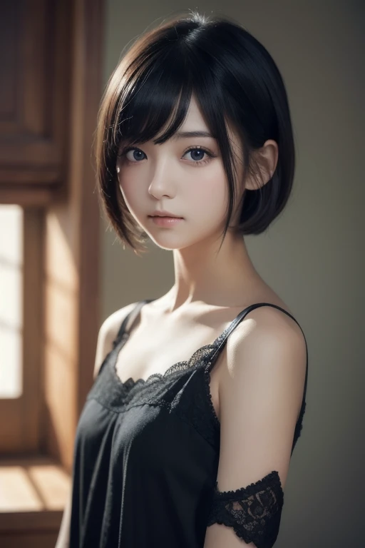  high resolution, masterpiece,  shorthair ,  black hair, (Alone),  One Girl ,  cute,  interior ,   detailed eyes , ( dark eyes)