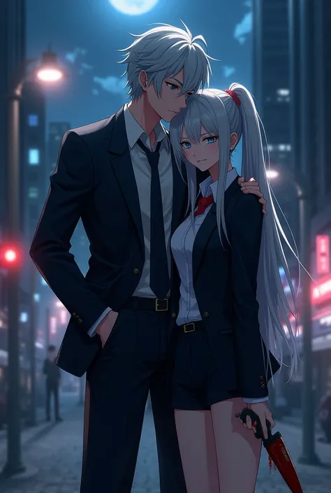 Anime pictures 2 .7 D BEAUTIFUL SHARP BACKDROP OF BEAUTIFUL SPLASHES OF LIGHT SHINING WOMEN WITH LONG GRAY HAIR TIED HIGH HAIR, BLUE EYES WEARING BLACK SUITS, WEARING SHORTS, HOLDING A BLOOD-STAINED KNIFE, LEANING ON ONE ARM, HUGGING A MAN'S NECK, GRAY-HAI...