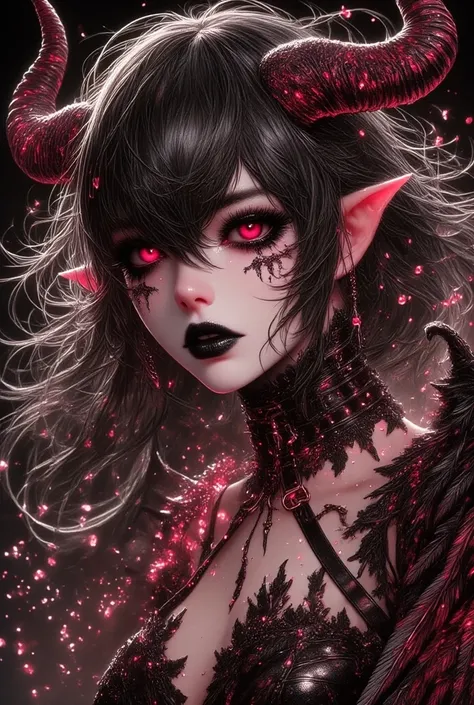 Realistic Beautyfull evil demonic sexy demented devil women,beautiful seductive facial expression,gorgeous facial features, highly detailed red skin, large curled devil horns, think curved jet black eyebrows, long luscious eyelashes, thick black eyeliner, ...