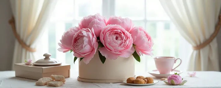 Create a still life with pink peonies. The bouquet should be in a circular paper flower box in front of a curtained window. The environment should be very whitish and bright. Also use feminine accessories such as jewelry boxes, powder, teacups and cakes.