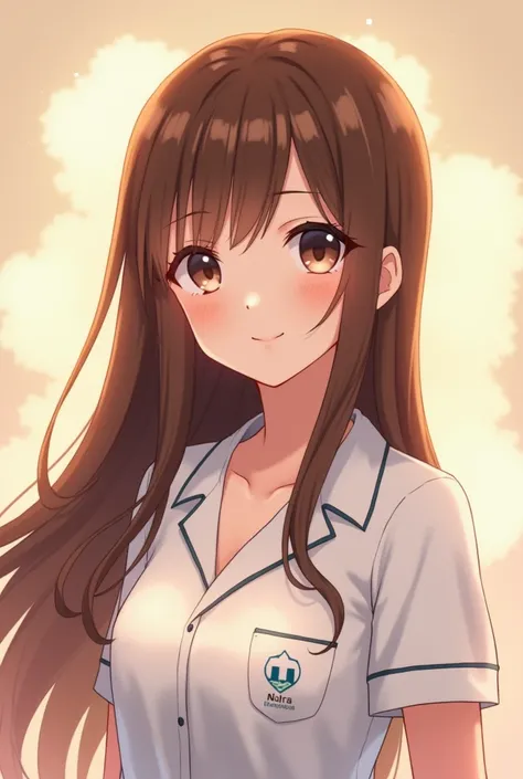 Draw me a beautiful long haired psychiatric nurse anime style brown hair