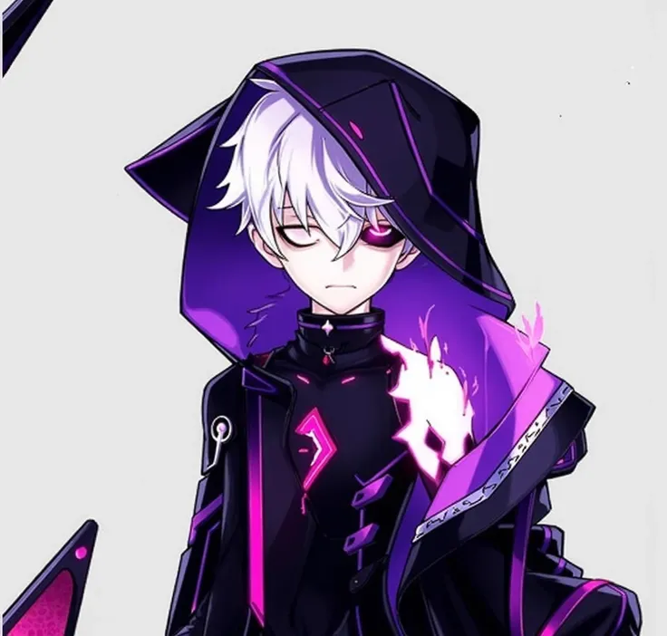 A stylized anime portrait of a young, androgynous character with light purple hair, wearing a dark purple and black hooded jacket with glowing pink accents, featuring futuristic designs, intricate details, and a single purple eye.  The character exudes a c...