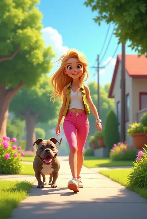 young Blonde  girl in pink Hotpants walks pitbull in nice green neighborhood 