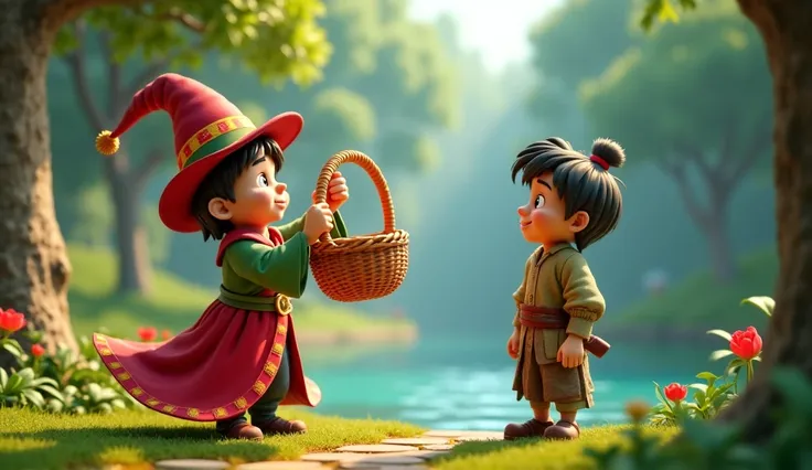 A magician who wears red green clothes Haver has an Indo basket in the hands of a poor man standing on the river bank in the forest 3D animation cartoon shape 