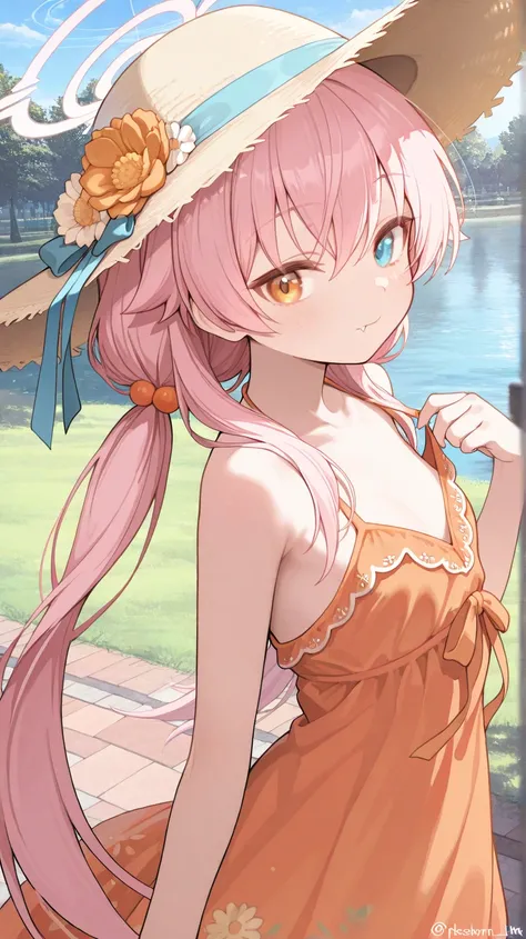 (high quality, ultra-detailed), Blue Archive, Hoshino Takanashi, pink hair, heterochromia of blue (right) and orange (left) eyes, solo, fang, anatomically correct, small breast (clothed), emotionless, closed mouth, A 2D cinematic side-scrolling game-style ...