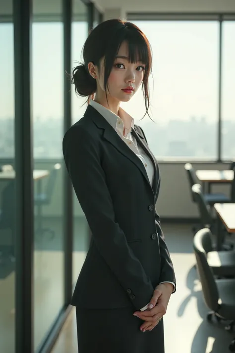 masterpiece, photorealistic, 8K, Japanese women, beautiful worker, detailed face, skirt suit, melancholic expression, sun light, minimalistic office