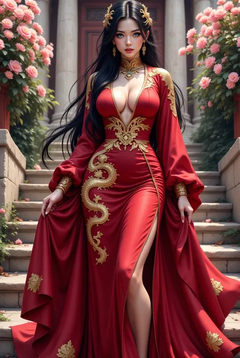 Boa Hancock
"4K anime style quality, digital drawing mode, an elegant and stunning empress with long black hair cascading down her back, piercing blue eyes, and a confident smirk, wearing a vibrant red robe with golden dragon patterns, standing on the step...