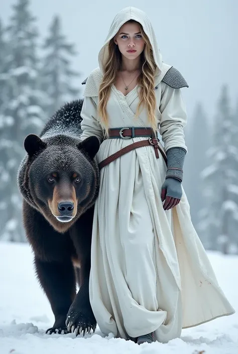 Create a picture of a woman who is wearing a white armur/dress like in game of thrones, there is frost all around. she has a black bear next to her with a saddle. The armur part of her dress is grey.
She has brown and blond hair arriving at her knee. She h...