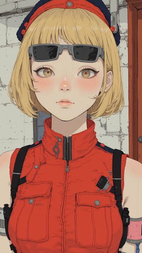    super real、    photorealistic、    of a beautiful Japanese woman 、 Clear white skin 、 blonde、 short hair、Forehead、sunglasses with integrated lenses、 sleeveless red military uniform、 Front Shot、 upper body、 Information taken with a  、    