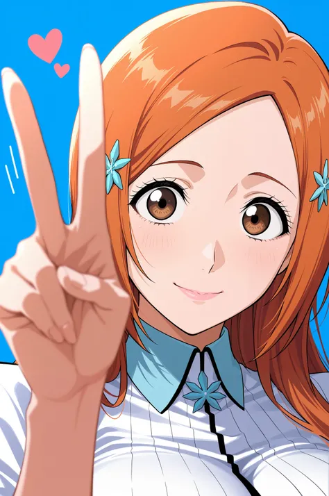 masterpiece, best quality, amazing quality, very aesthetic, absurdres, newest,highly detailed,highres,close-up portrait, female, woman, inoue orihime,hair clip,orange hair,long hair,brown eyes,fair skin,Shiny skin,pink lips,white collared shirt,simple back...