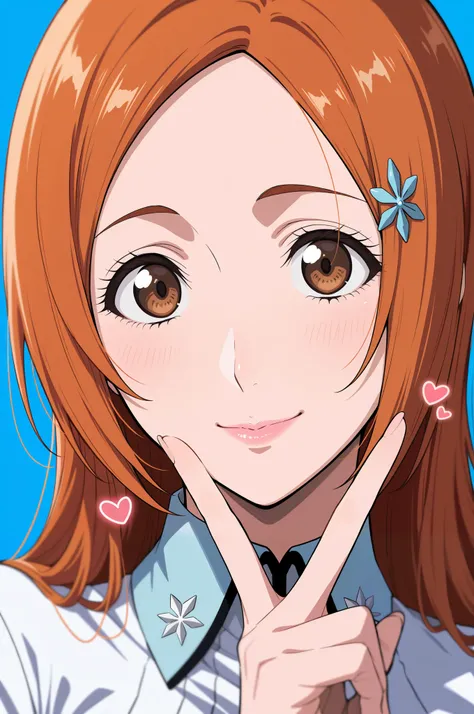 masterpiece, best quality, amazing quality, very aesthetic, absurdres, newest,highly detailed,highres,close-up portrait, female, woman, inoue orihime,hair clip,orange hair,long hair,brown eyes,fair skin,Shiny skin,pink lips,white collared shirt,simple back...