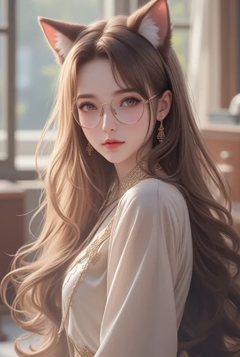 (masterpiece, top quality :1.2),solo,a girl with fluffy cat-ears ,brown hair, very beautiful,gentle,wearing glasses, Wellington glasses,formal clothes,upper body shot,A little upward glance,The background is an office,anatomically correct,(safe for work)