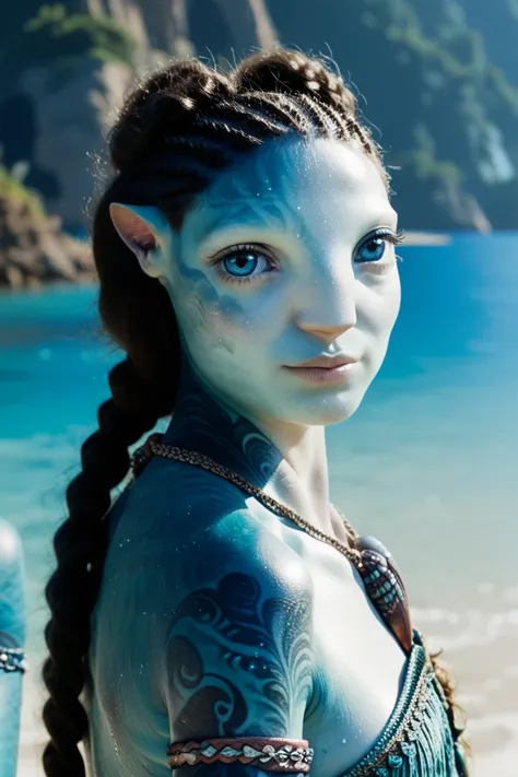 female, portrait, looking at the viewer, detailed blue eyes, blue skin, long hair in curls, one long braid, tribal clothing, tattoos, tail, big pointy ears, four fingered hands, beach background, solo, metkayina, score_9, score_8_up, score_7_up, score_6_up...