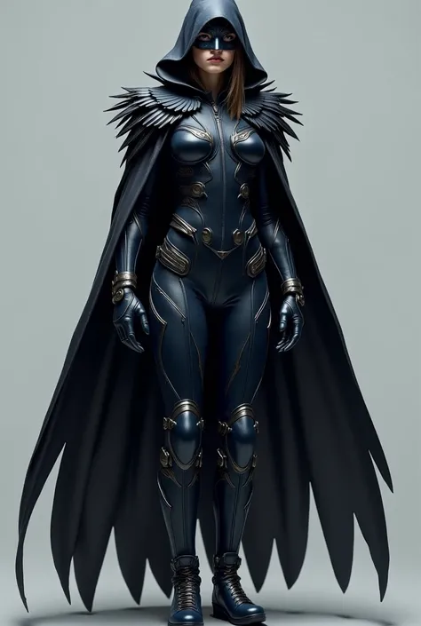 *color of clothes:*  black and gray,  with silver or dark blue details .

* Clothing style :*

 - A black cape with a gray border ,  that can be used to fly create an aura of mystery .
 - A raven mask that covers the eyes ,  with an aerodynamic shape and s...