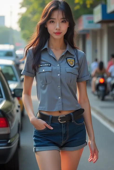 a cute woman from thailand with  short security guard suit  .  whole body . good curve.  realistic beautiful girl.near car.her face like reference picture. legs appear.   masterpiece.pretty. 20 year old. short jean.