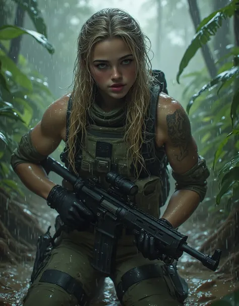 (best quality,8k,realistic,photorealistic:1.2), realistic skin texture,beautiful American Navy SEALs female member, assault rifle, assault team, an enemy's defensive fortress in a tropical jungle, storming in, blond hair, military pants, boots, dynamic pos...