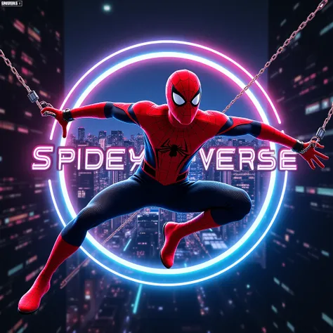 "A modern and futuristic YouTube channel display picture for 'SpideyVerse,' featuring a Spider-Man-inspired character swinging through a neon-lit futuristic city. The background should have a touch of technology and AI, like glowing circuits or a robotic s...