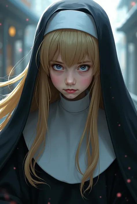 chaos, blonde,  long loose hair, expressive eyes,  purple eyes,  very intense eye color , nun (Japanese), loli like a lannister from House of the Dragon, foto realista, persona real,