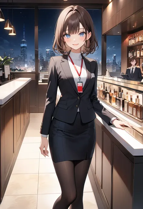 masterpiece,  best quality, Thin legs, Fine texture, Fine skin,  expressive blue eyes, Alone,  small breasts,  brown hair , bangs, smile, blush,  perfect face、 adult beautiful woman、 red employee ID lanyard、whole body, Office Style、 Business Suit 、 black j...