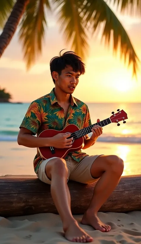 A highly realistic image of a young Indonesian man with tan skin, short black hair, and almond-shaped eyes, sitting on a wooden log at a tropical beach during sunset. He is wearing a vividly detailed tropical short-sleeve shirt, beige shorts, and is barefo...