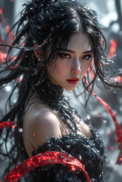 解剖学的に絶対に正Shii、 best quality、 greatest masterpiece in history、Best RAW photos、Beautiful girl with red eyeliner、Black hair dancing in the wind、Worn Armor、 Strong Eyes 、 clear detailed face、美Shii詳細な瞳、 Long That Extends to the Waist 、I'm sticking a large sword...