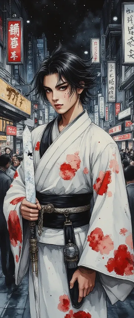 ( masterpiece:1.2, exceptional quality  , Mirror finish ,  Cinematic Experience, best illustration ),8k ,16k ,(Semi-realistic), (Boy in kimono),( white kimono with drawings of red clouds),( the youthful face with black hair and a black star in each eye),  ...