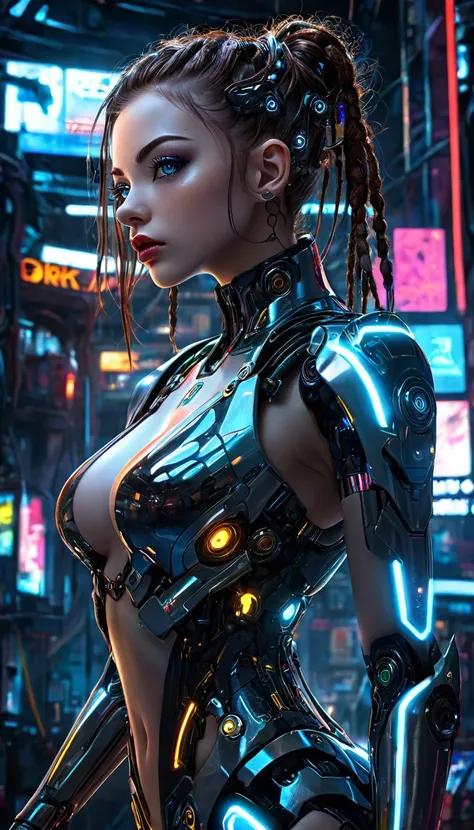 Cyborg Girl, Charge, Inspired by、It is built into the machine。, dark scene ,  beautiful detailed eyes,  lips with beautiful details,  Confident and graceful look  ,  complicated details, oil,  Cinematic Lights,  dramatic shadow ,  Moody Atmosphere ,  dynam...