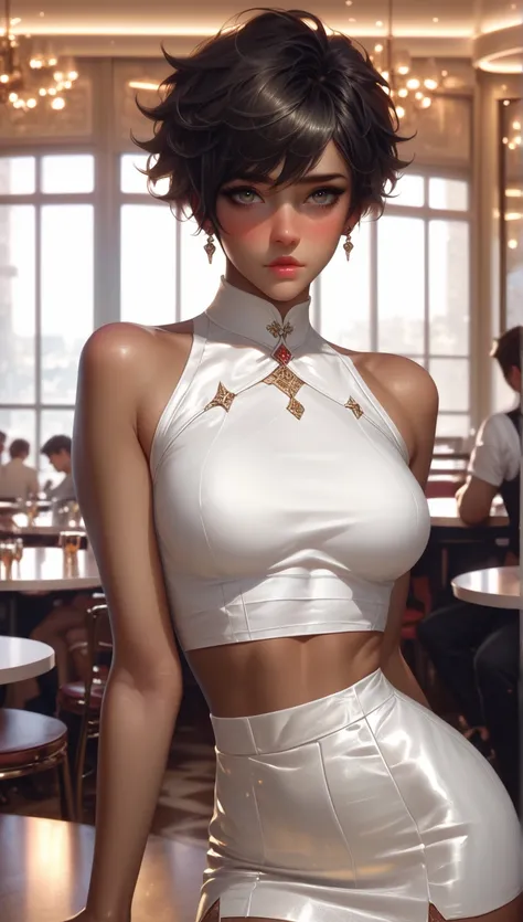 masterpiece, best quality, ultra detailed, illustration, extremely delicate and beautiful, detailed, highly detailed, perfect lighting, perfect hands, 20 years old, 1girl, dark skin, short hair, black hair, shy tomboy girl wearing a long white skirt and a ...