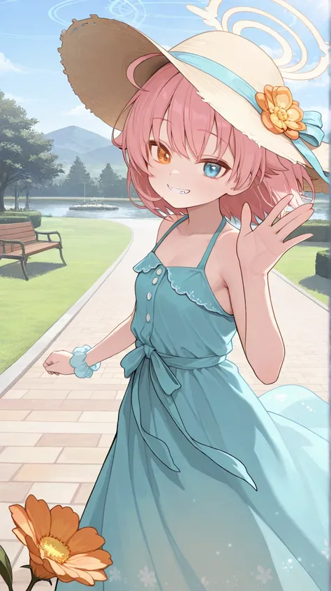 (high quality, ultra-detailed), Blue Archive, Hoshino Takanashi, pink hair, heterochromia of blue (right) and orange (left) eyes, solo, fang, anatomically correct, small breast (clothed), emotionless, closed mouth, A 2D cinematic side-scrolling game-style ...